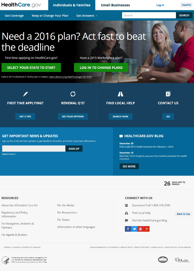 Health Care Gov-Website-Hauptseite mit einer Gruppe von Menschen an einem Tisch mit Gläsern und anderen Gegenständen, mit dem Webseitentitel sichtbar.