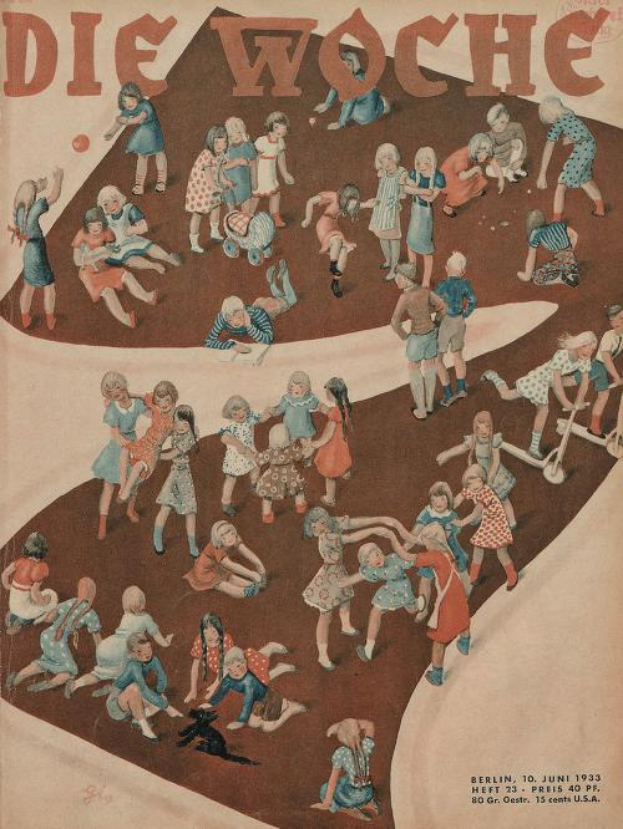 Ein deutscher Magazin-Cover aus Juni 1933 mit dem Titel "Die Woche", das eine Gruppe lachender Kinder zeigt, die im Kreis spielen und von leuchtenden Farben umgeben sind.