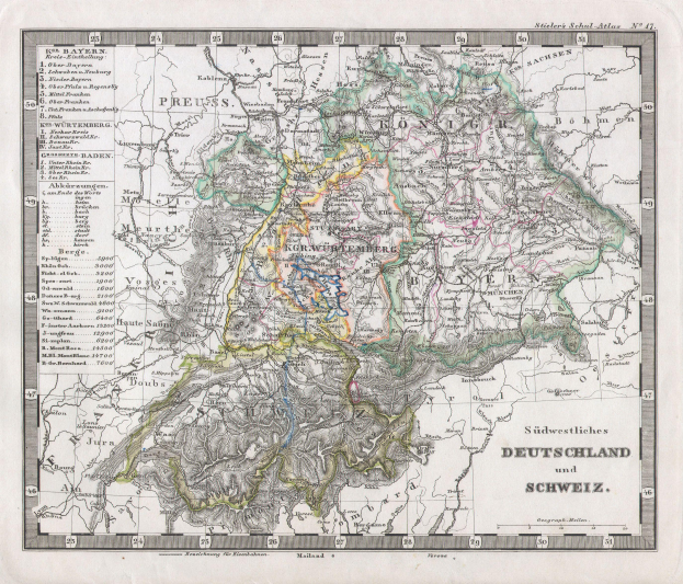 Ein detaillierter alter Stadtplan von Deutschland und der Schweiz, der geographische Merkmale wie Flüsse, Berge und Städte zeigt, mit begleitendem Text, der zusätzliche Informationen bietet.