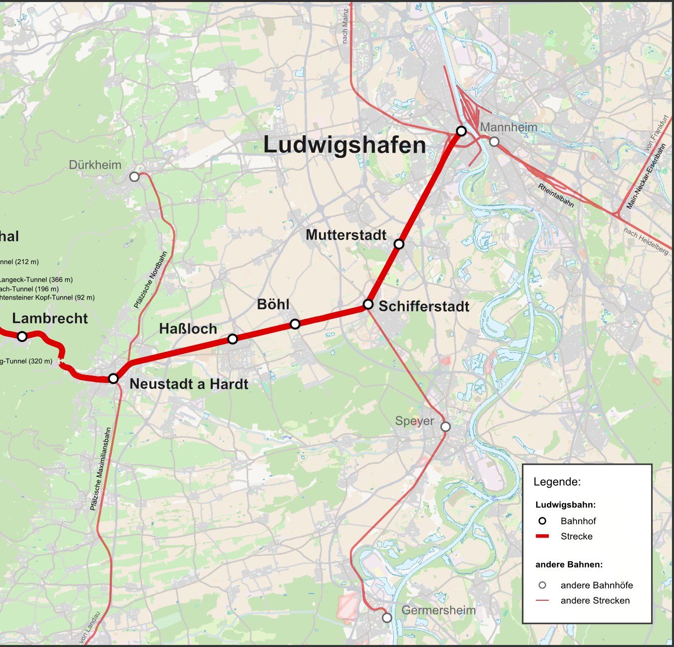 Karte von Ludwigshafen, Deutschland, mit einer roten Linie, die die Bahnroute markiert, und Text, der Details zur Bahnlänge, -distanz und -interessanten Punkten liefert.