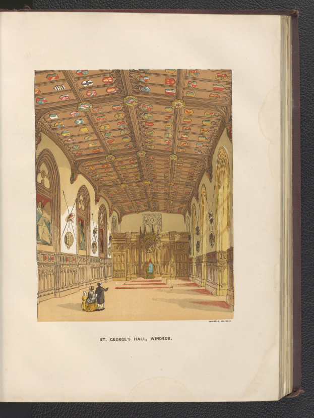 Offenes Buch mit einer detaillierten Illustration des Inneren von St. Georgs Halle in Windsor, England, mit sichtbarer Architektur, Menschen und Text auf einer schwarzen Oberfläche.