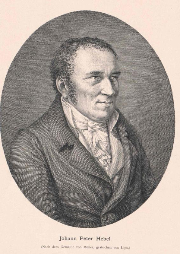 Ein Schwarz-Weiß-Porträt von Johann Peter Hebel, einem deutschen Komponisten, der einen Anzug trägt, mit Text am unteren Bildrand.