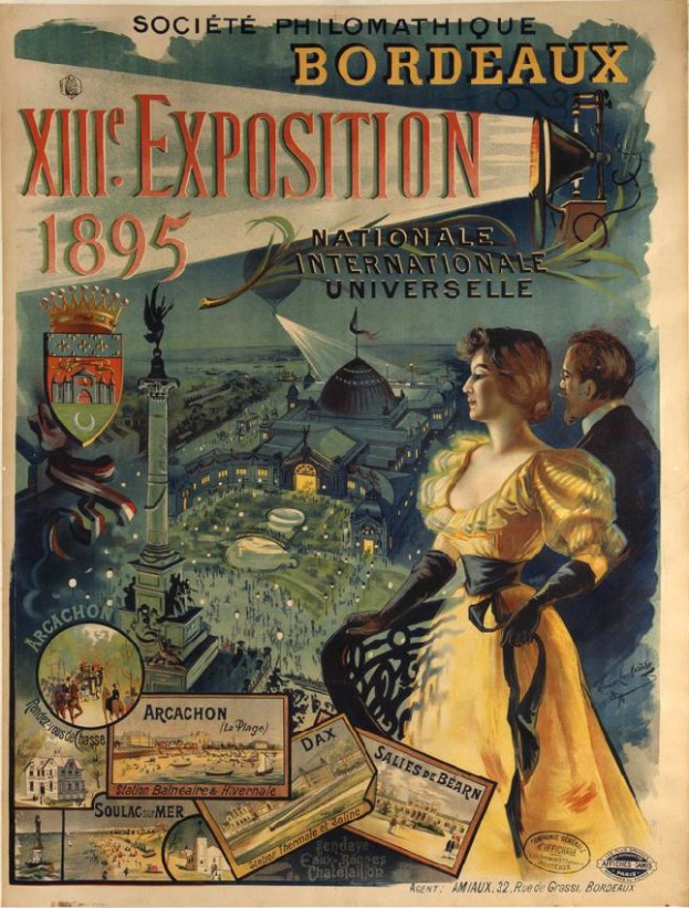Plakat für die XXII Ausstellung in Bordeaux, Frankreich, das eine Frau in einem langen Kleid und einen Mann in einem Anzug zeigt, die nebeneinander stehen.