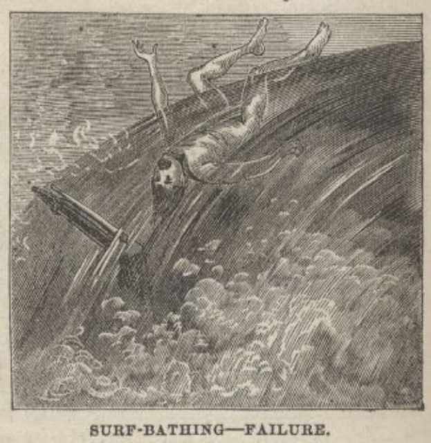 Ein Blatt Papier mit einer Zeichnung von zwei verzweifelten Menschen im aufgewühlten Wasser, mit der fett gedruckten Überschrift "Surf-Bad-Fiasko".