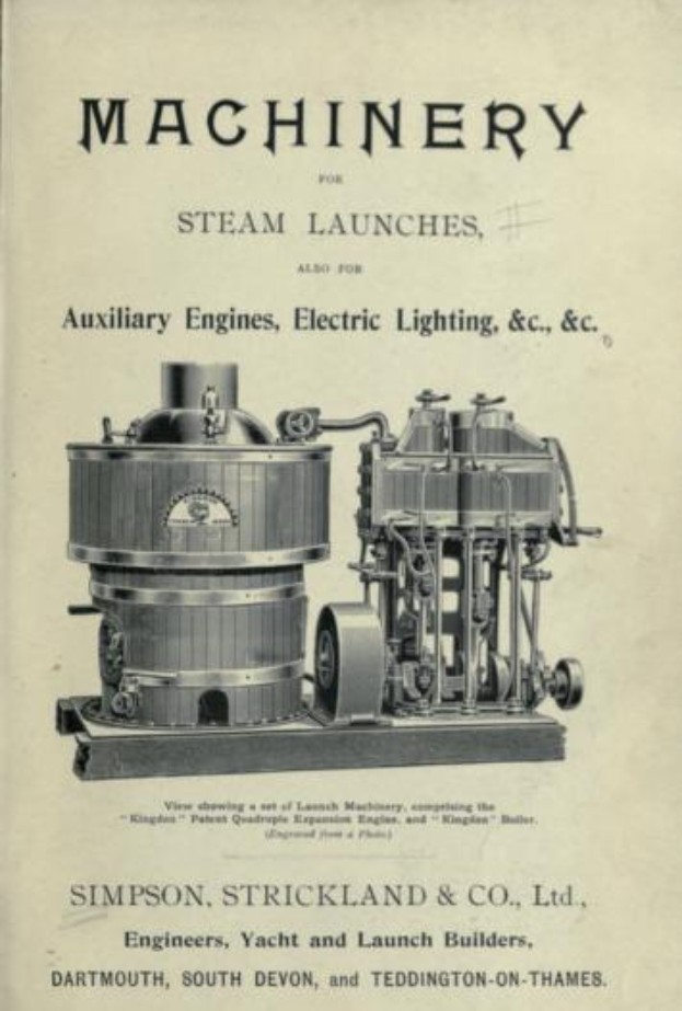 Ein altes Buchcover mit einer detaillierten Illustration einer Dampfmaschine und dem Text "Maschinen für Dampfschiffe, auch für Hilfsmaschinen, Elektrobeleuchtung & C."