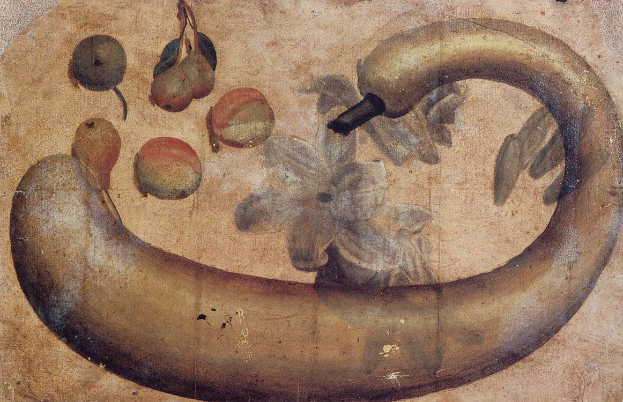 Gemälde einer Banane mit einer Blume darauf, umgeben von verschiedenen Früchten und Blättern auf einem Papierstück mit leuchtenden Farben und klaren Details.