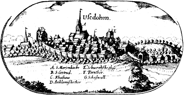 Eine Schwarz-Weiß-Zeichnung der Stadt Uledohm, Deutschland, mit einer Kirche im Hintergrund, umgeben von Gebäuden und Bäumen, mit Text.