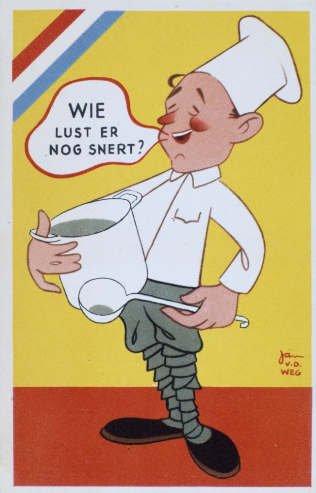 Ein Karikatur-Koch in weißer Uniform und Hut, der fröhlich in die Kamera lächelt und einen Topf und Löffel hält.