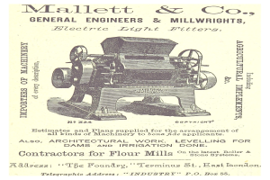 Anzeige für die Elektroluftfiltermaschine von Mallett & Co., zeigt ein Bild der Maschine und beschreibenden Text.