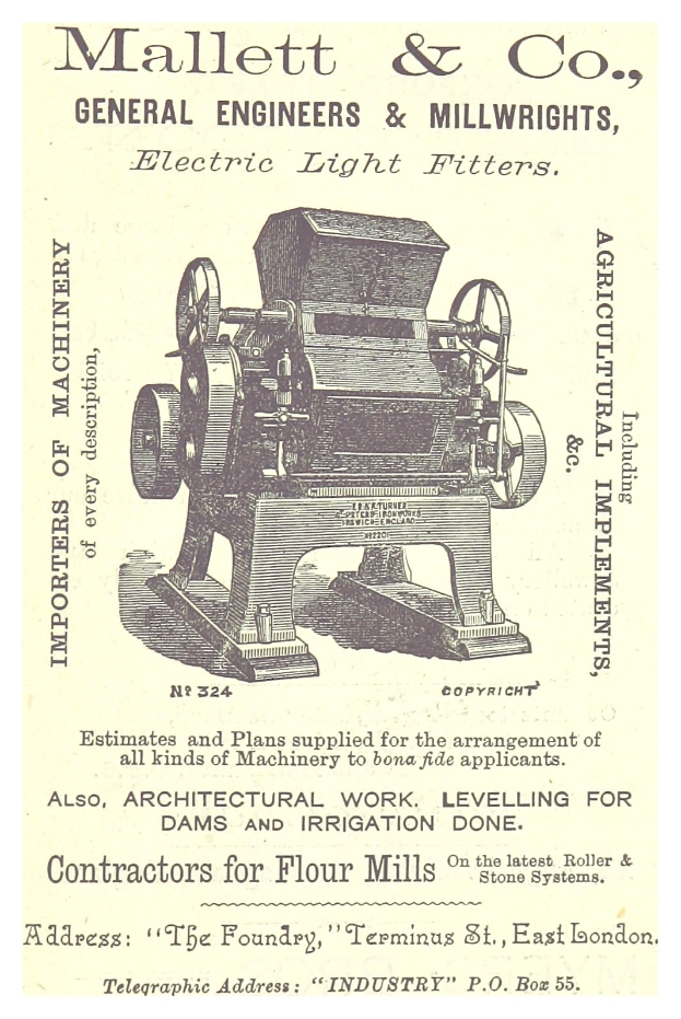 Anzeige für die Elektroluftfiltermaschine von Mallett & Co., zeigt ein Bild der Maschine und beschreibenden Text.