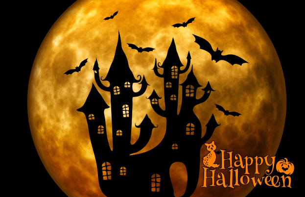 Eine animierte Halloween-Szene mit Vollmond, einem Schloss, fliegenden Fledermäusen und "Happy Halloween"-Text in der rechten unteren Ecke.