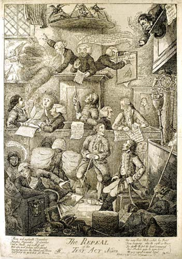 Eine Gravur einer Gruppe von Menschen, die um einen Tisch in einem Raum sitzen, einige halten Papiere mit der Inschrift "Die Aufhebung des Testgesetzes" am unteren Rand.