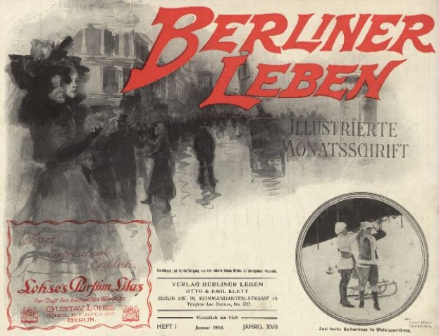 Cover eines alten Buches mit dem Titel "Berliner Leben" mit einer Illustration von Menschen in traditioneller deutscher Tracht, die wahrscheinlich das Leben in Berlin darstellen.