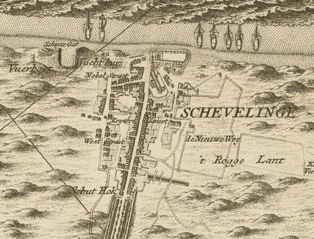 Ein detailliertes altes Stadtplan von Scheveling, Niederlande, der Straßen, Gebäude und Sehenswürdigkeiten mit Textanmerkungen zeigt.