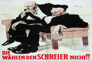 Ein deutscher Propagandaplakat der NSDAP mit zwei Männern auf einem Sofa sitzend, mit Text, der Informationen über die Partei enthält.