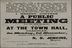 Eine Ankündigung für eine öffentliche Versammlung im Rathaus von Cardigan am Montag, den 1. November 1858, mit Text, der das Ereignis beschreibt.