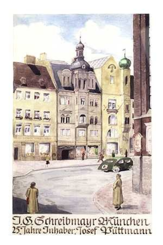 Malerische Darstellung einer Stadtstraße mit Fußgängern, einem fahrenden Auto und Gebäuden im Hintergrund, signiert "J.S. Schreibmayr München" unten.