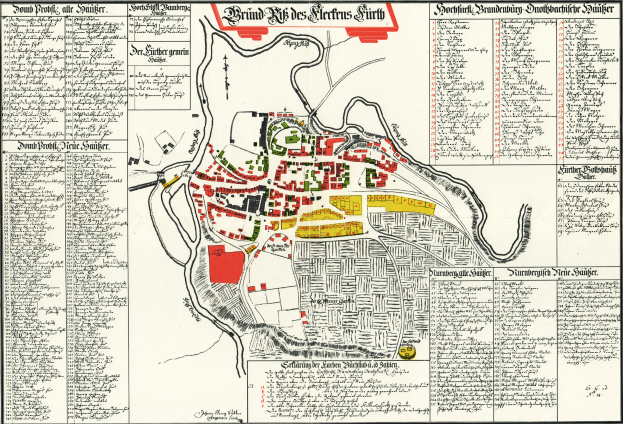 Ein detaillierter alter Stadtplan von Stuttgart, Deutschland, der Straßen, Gebäude, Sehenswürdigkeiten und Text enthält, der Informationen über die Bevölkerung und bemerkenswerte Merkmale der Stadt bereitstellt.