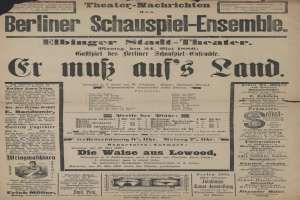 Eine alte Zeitungsannonce aus dem Jahr 1866 für das Berliner Schauspiel-Ensemble, die einen Mann in Anzug und Krawatte zeigt, mit beschreibendem Text zum Ereignis.
