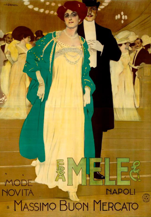 Ein Plakat, das eine Modenschau mit einer Frau in einem weißen Kleid und einem Mann in einem schwarzen Anzug ankündigt, mit beschreibendem Text.