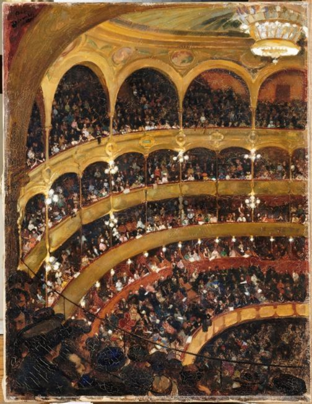 Gemälde mit dem Titel 'Das Konzertgebäude' (1892), das einen großen Auditorium mit Menschen gefüllt, von Kronleuchtern beleuchtet, mit Geländern und Säulen dargestellt.