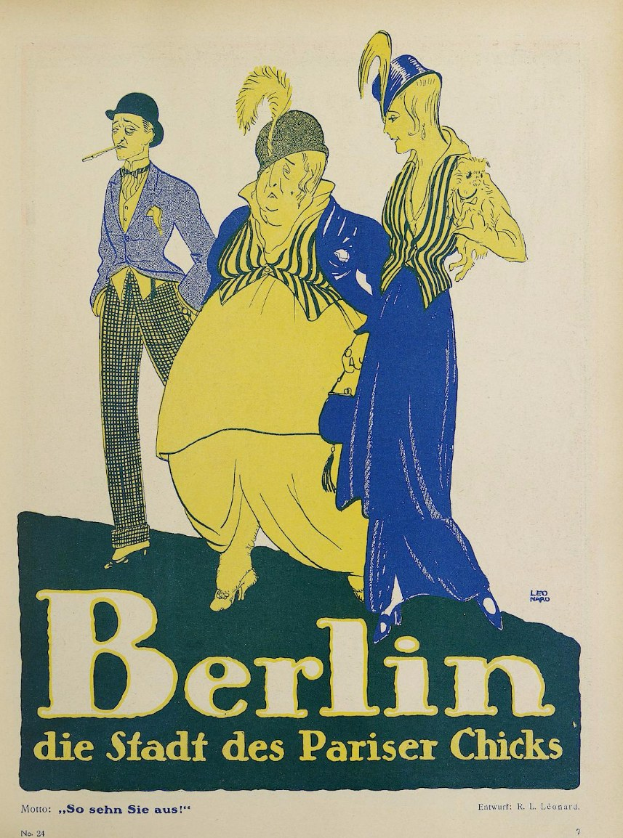 Plakat für ein Konzert in Berlin, Deutschland, mit einer Gruppe farbenfroher Menschen vor einem Gebäude mit dem Text "Berlin - Die Stadt des Pariser Chicks" oben.