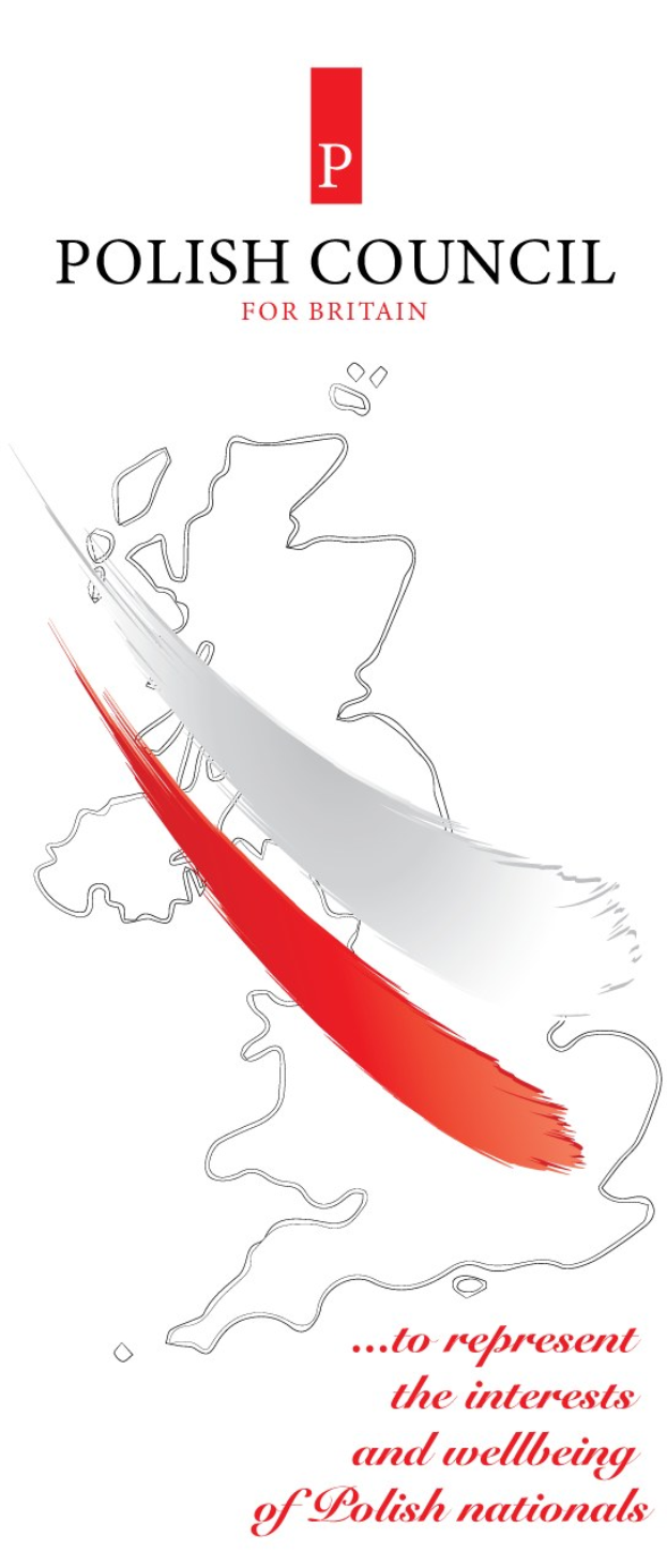 Plakat für den Polnischen Rat für Großbritannien mit einem Schild-Logo mit blauem Hintergrund, weißer Stern und weißer Umrandung sowie fettem schwarzem Text, der "Polnischer Rat" lautet.