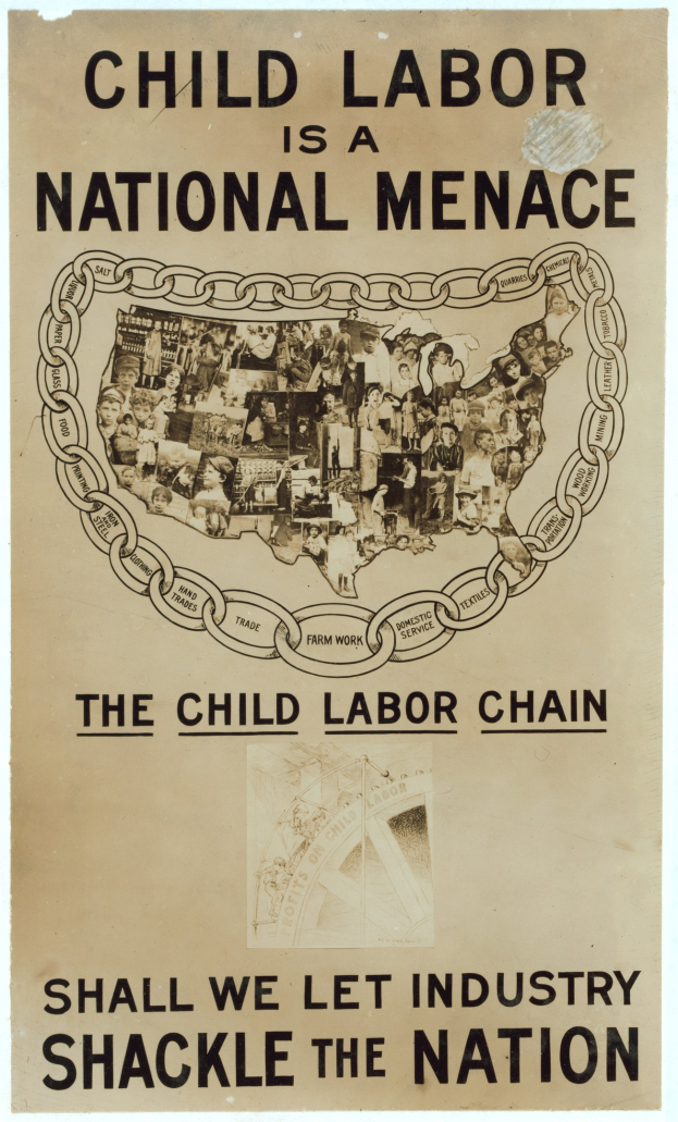 Plakat mit der Aufschrift 'Kinderaert ist eine nationale Geiss - Sollen wir der Industrie die Nation ketteten lassen' in fetter schwarzer Schrift auf einem weißen Hintergrund, das eine vielseitige Gruppe von Menschen zeigt, die zusammenstehen.