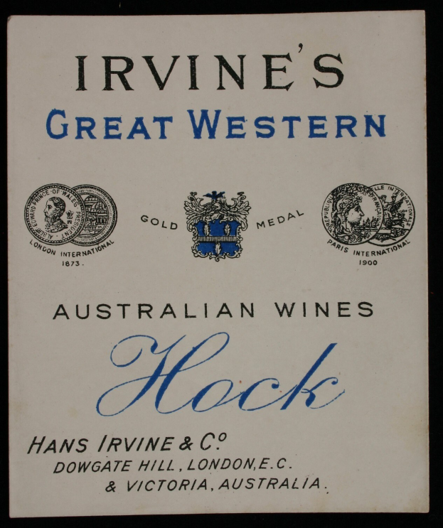 Plakat, das Irvines Great Western Australian Wines Hock bewirbt, mit Firmenlogos und Text, der die Art des Weins angibt.