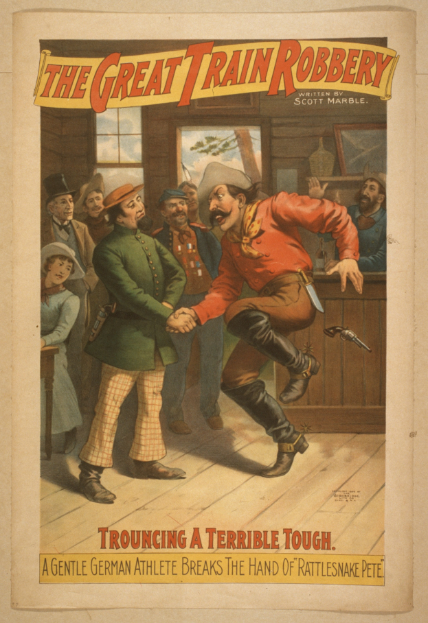 Ein Plakat, das eine Gruppe von Menschen auf einem Boden zeigt, einer hölt eine Waffe, mit Text oben und unten 'Der große Zugraub - Berührend ein Schreckliches Tough'.