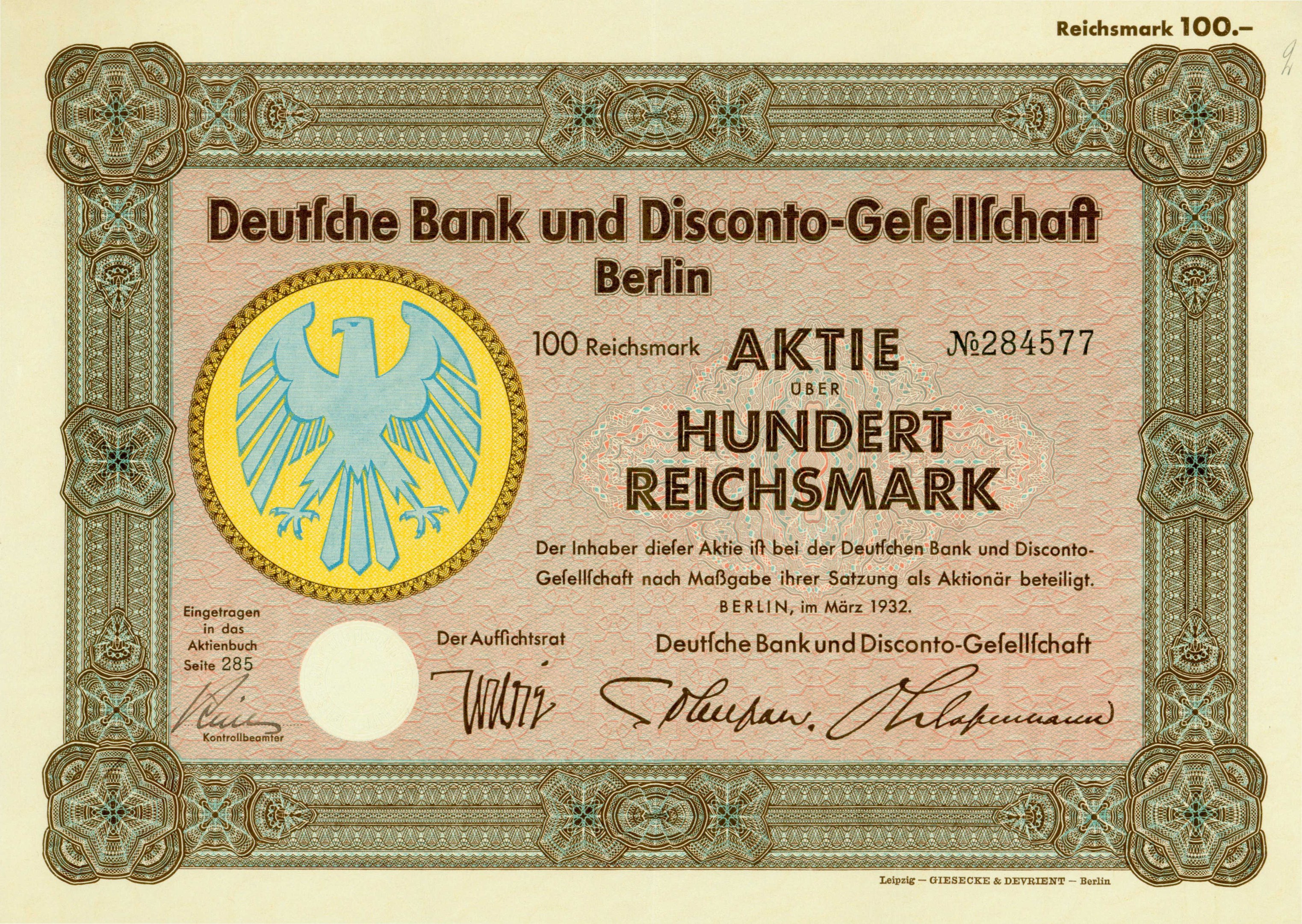 Alte deutsche Banknote mit einer Vogeldarstellung und der Inschrift "Deutsche Bank und Disconto-Gesellschaf Berlin".