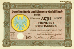 Alte deutsche Banknote mit einer Vogeldarstellung und der Inschrift "Deutsche Bank und Disconto-Gesellschaf Berlin".