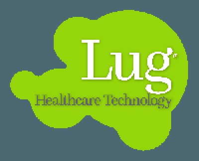 Logo von Lug Healthcare Technology mit fetter schwarzer Schrift in der Mitte eines weißen Hintergrunds, umgeben von einem blauen Kreis mit weißer Umrandung.