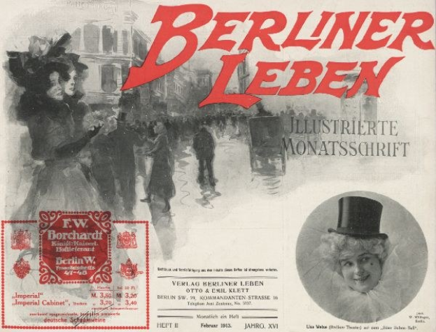 Werbung für das Berliner Leben Theater mit einer Frau im Zylinder und einem Mann im Anzug im Hintergrund
