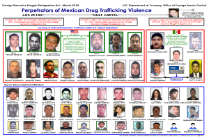 Ein Plakat mit einem hellblauen Hintergrund, das Fotos von verschiedenen Personen zeigt, die alle direkt in die Kamera schauen und eine fettgedruckte schwarze Schrift in der Mitte haben, die 'Verbrecher der mexikanischen Drogenhandelsgewalt' lautet.