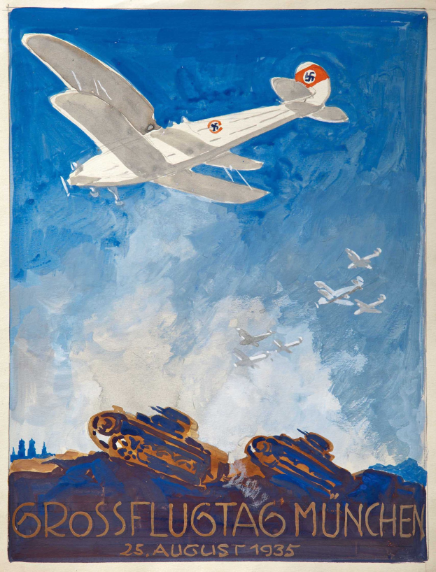 Plakat für das Grossflugtag München-Event am 25. August 1935, das ein Flugzeug zeigt, das im Himmel fliegt, mit anderen Flugzeugen im Hintergrund.
