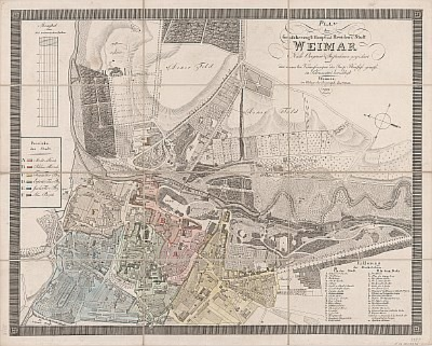 Ein detaillierter historischer Stadtplan von Weimar, Deutschland, der Straßen, Gebäude und Sehenswürdigkeiten zeigt, begleitet von Texten über die Bevölkerung und Merkmale der Stadt.