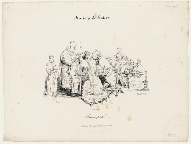 Ein altes Buch mit einer Zeichnung einer Gruppe von Menschen, die um einen Tisch sitzen, mit Text, der wahrscheinlich eine Heirat beschreibt.