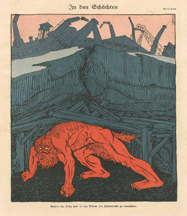 Illustration eines bedrohlichen Werwolfs mit offenem Mund und ausgestreckten Krallen vor einem von Rauchfängen umgebenen Fabrikgebäude unter einem tiefblauen Himmel, mit einem auffälligen Plakat des Werwolfs dahinter.