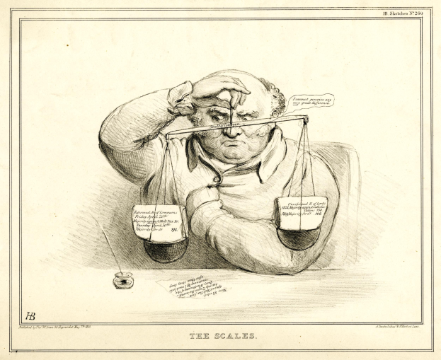 Ein Anwalt in einem Anzug sitzt an einem Tisch mit einer Waage vor ihm und durchsucht Dokumente mit Text und Zahlen.