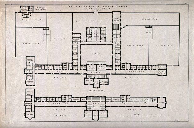 Ein detaillierter Grundriss eines Gebäudes, einschließlich einer Strafanstalt für Geisteskranke, mit begleitendem Text zur Beschreibung des Layouts.