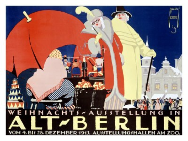 Plakat, das eine Weihnachtsausstellung in altem Berlin ankündigt, mit leuchtenden Illustrationen von Menschen, Gebäuden und Gegenständen und dem Text "Weihnachtsausstellung in Alt-Berlin" oben.