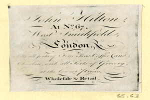 Ein Blatt Papier mit dem Text "John Hilton, at No. 67, West Smithfield, London" darauf geschrieben.