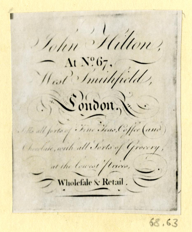 Ein Blatt Papier mit dem Text "John Hilton, at No. 67, West Smithfield, London" darauf geschrieben.