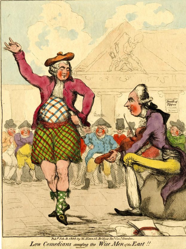 Cartoon eines Mannes in einem Kilt und einer Frau in einem Kleid, die vor einer Menge stehen, mit einem Gebäude und Wolken im Hintergrund und dem Text 'Niedrige Komiker amüsieren die weisen Männer des Ostens' unten.