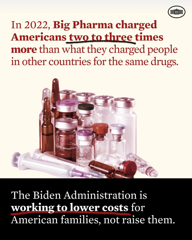 Plakat zeigt, dass Big Pharma 2022 Amerikaner zwei bis drei Mal so viel für dieselben Medikamente berechnet hat wie andere Länder, mit Bildern von Medikamentenflaschen und einer Spritze.