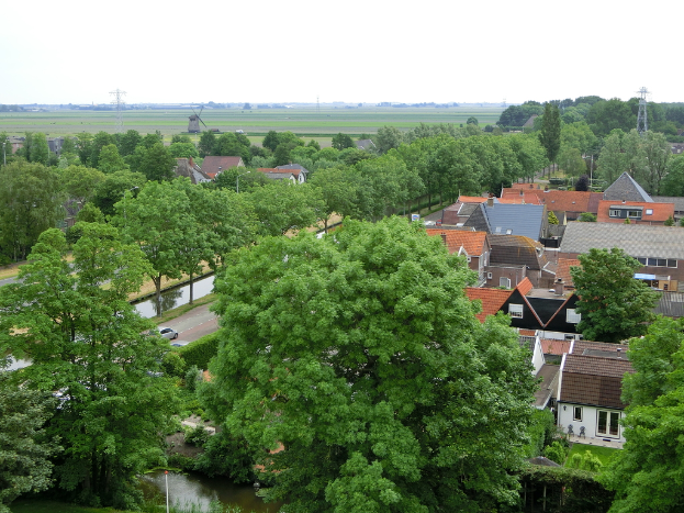 Eine Vorstadt-Szene mit Häusern, Bäumen und Autos auf einer Straße, mit Türmen und einer Windmühle im Hintergrund.