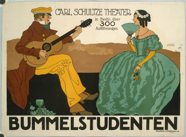 Plakatankündigung für ein Konzert im Carl-Schulze-Theater in Berlin, Deutschland, mit einem Mann, der eine Gitarre spielt, und einer Frau, die einen Fächer hält, sowie Text auf dem Plakat.