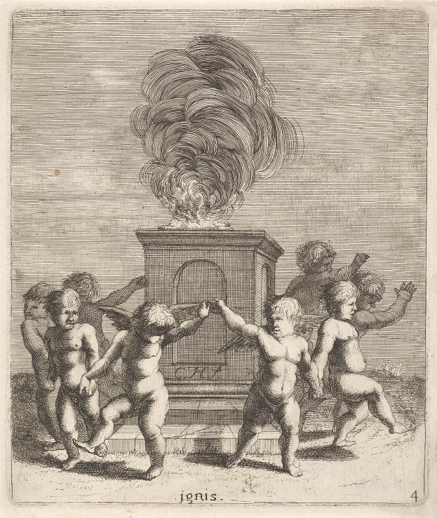 Eine Gruppe von Kindern, die vor einem Gebäude mit einer Skulptur in der Mitte und einem Text unten Feuer spielen.