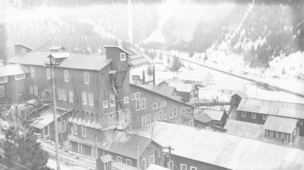 Ein Schwarz-Weiß-Foto einer schneebedeckten Kleinstadt mit Gebäuden, Pfählen und Bäumen im Vordergrund und Bergen im Hintergrund, das die Geschichte der Coloradoer Bergbauindustrie darstellt.